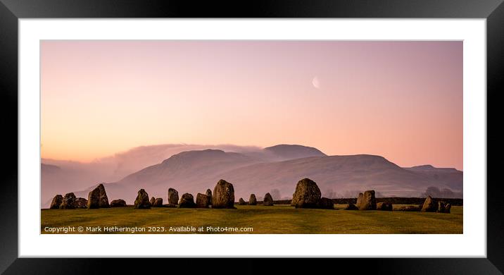 Castlerigg stone circle and moon at sunrise Framed Mounted Print by Mark Hetherington
