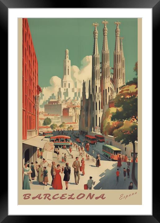 Barcelona 1950s Travel Poster Framed Mounted Print by Picture Wizard