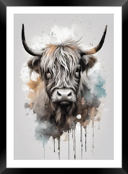Highland Cow Ink Splatter Framed Mounted Print by Picture Wizard