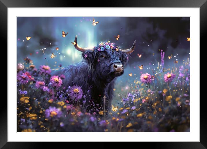 Flowery Highland Cow Framed Mounted Print by Picture Wizard