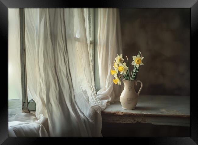 Daffodils In The Window Framed Print by Picture Wizard