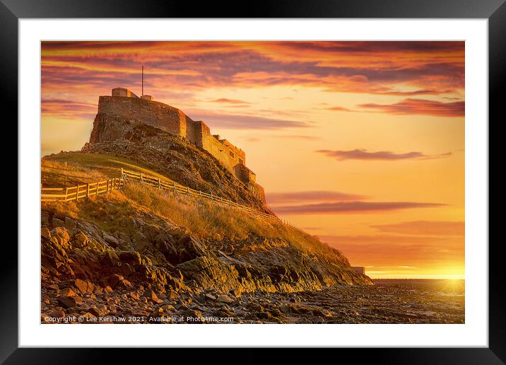 Lindisfarne golden sunrise Framed Mounted Print by Lee Kershaw