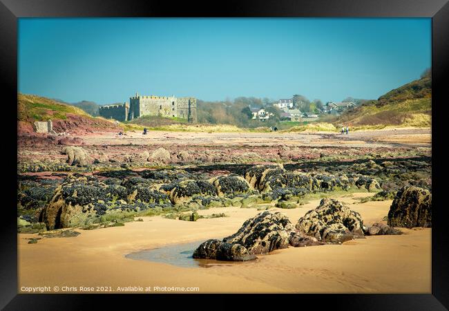 Manorbier beach and castle Framed Print by Chris Rose