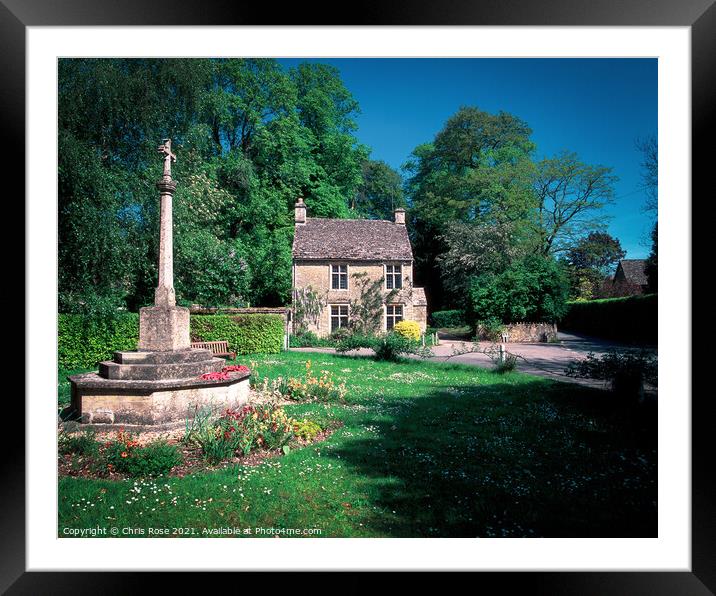 Cotswolds, small cotswold cottage and war memorial Framed Mounted Print by Chris Rose