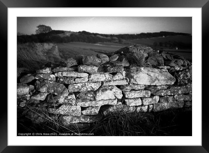 Cotswolds, late sun on a cotswold stone wall Framed Mounted Print by Chris Rose