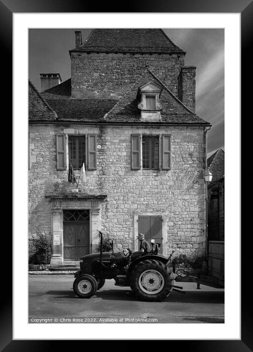 Domme, town Hall and tractor Framed Mounted Print by Chris Rose
