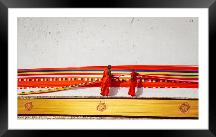 Monks wrap a ribbon around a Stupa in Anuradphura, Framed Mounted Print by Steven Nokes