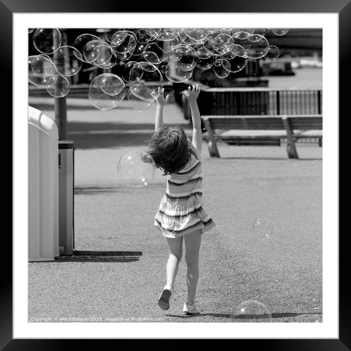 Girl and Bubbles Framed Mounted Print by Phil Robinson