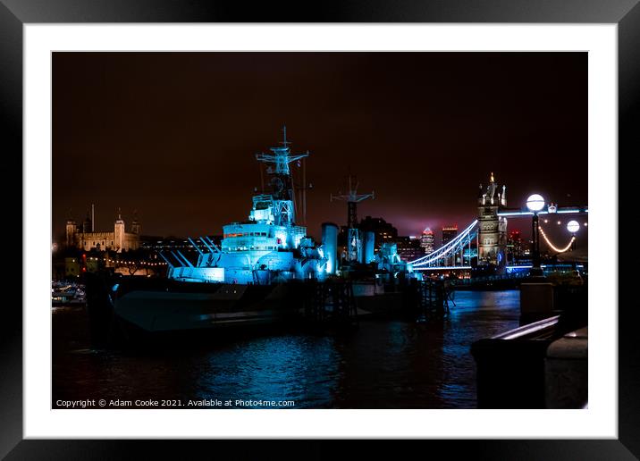 Tower of London | HMS Belfast | Canary Wharf | Tow Framed Mounted Print by Adam Cooke