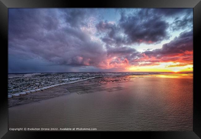 Whitstable Bay snow sunset Framed Print by Evolution Drone