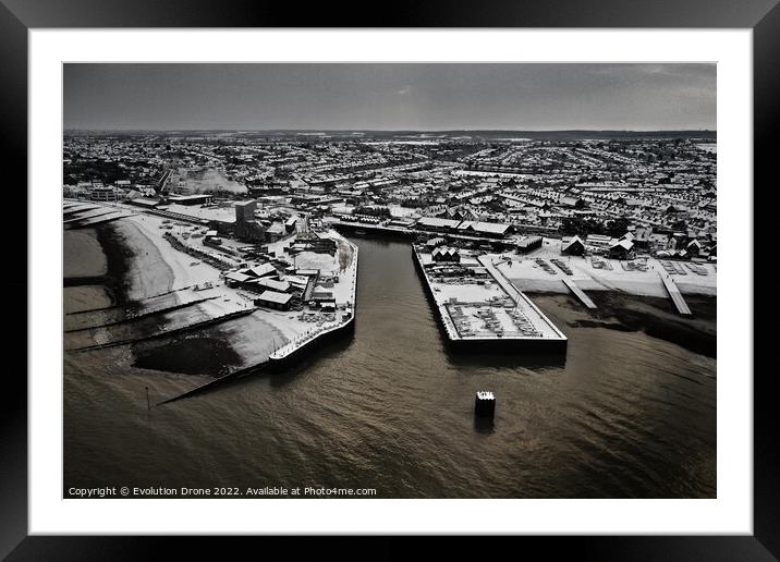 Whitstable Harbour Snow Framed Mounted Print by Evolution Drone