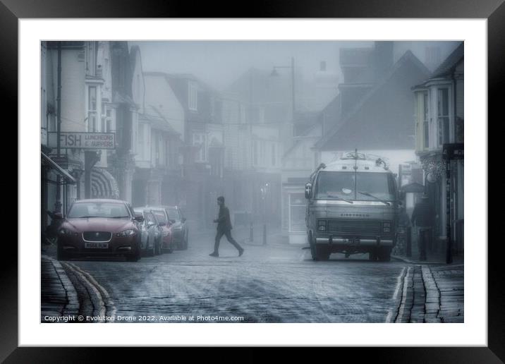 Foggy Harbour Street, Whitstable Framed Mounted Print by Evolution Drone