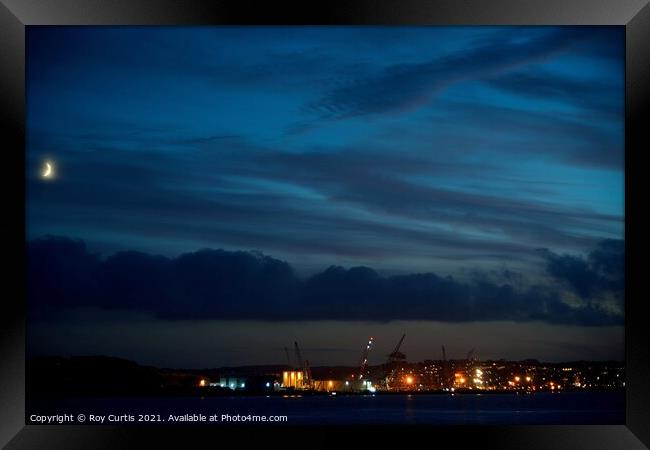 Moon over Falmouth Docks Framed Print by Roy Curtis
