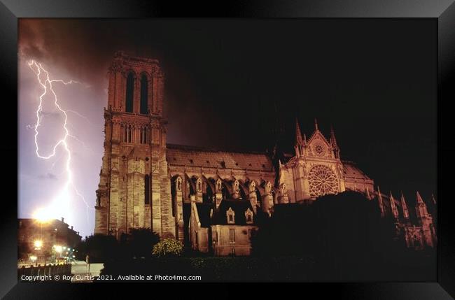 Notre Dame Lightning Framed Print by Roy Curtis
