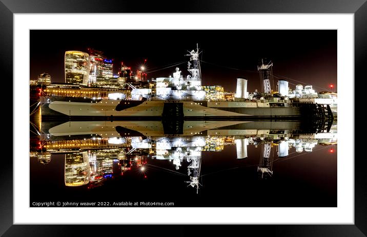 HMS Belfast Reflection River Thames London Riverside Framed Mounted Print by johnny weaver