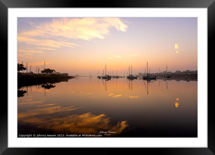 Misty Boat Sunrise reflections River Crouch Essex Framed Mounted Print by johnny weaver