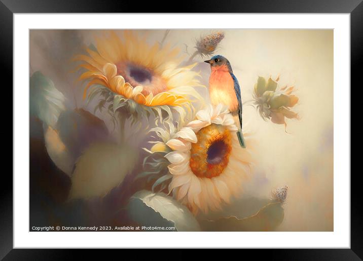 Bluebird and Sunflowers Framed Mounted Print by Donna Kennedy