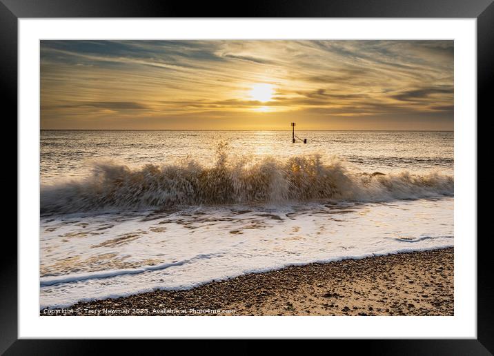Sunrise over Dramatic Southwold Waves Framed Mounted Print by Terry Newman