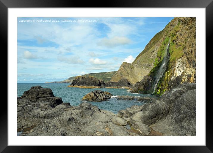 Rocks and waterfall at Tresaith Framed Mounted Print by Paul Daniell