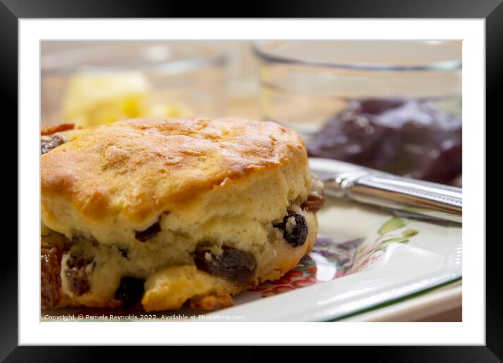 Freshly Baked Fruit Scone with Fresh Butter and Jam in the background Framed Mounted Print by Pamela Reynolds