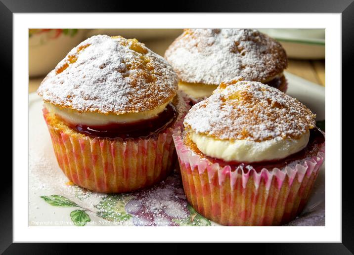 Three Cupcakes on a side plate Framed Mounted Print by Pamela Reynolds