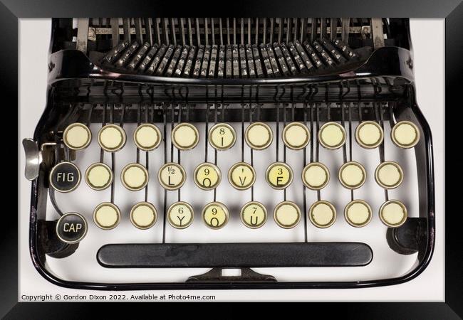 Old typewriter keys rearranged to say I LOVE YOU. Framed Print by Gordon Dixon