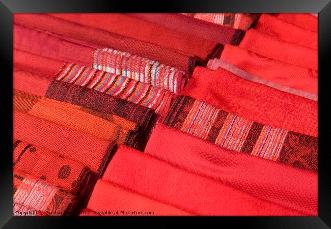 Selection of Red hand-made scarfs for sale Framed Print by Gordon Dixon