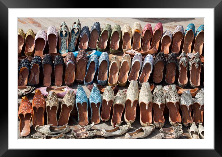 Traditional handmade leather Arabian slippers for sale Framed Mounted Print by Gordon Dixon