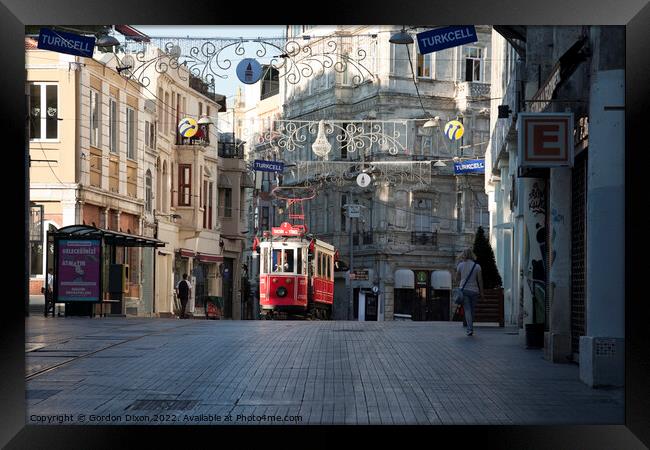 Taksim to Tunel tram in Istiklal Street, Istanbul Framed Print by Gordon Dixon