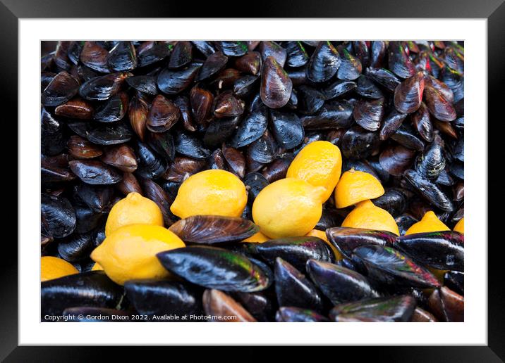 Fresh mussels and lemons for sale - Kocaeli, Turkey Framed Mounted Print by Gordon Dixon