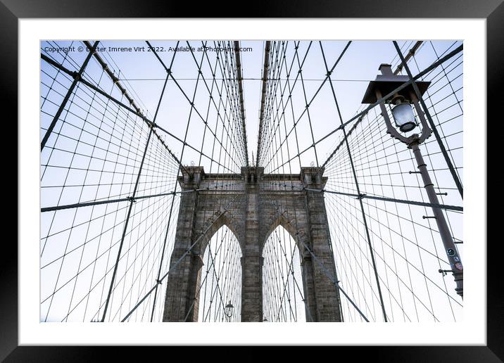  Abstract shape of the wires of Brooklyn Bridge with a lamp post Framed Mounted Print by Eszter Imrene Virt
