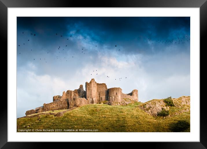 Birds circle over Carreg Cennen Castle Framed Mounted Print by Chris Richards