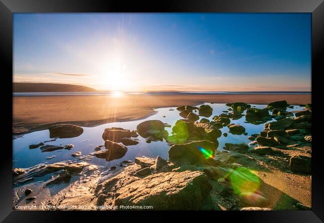 Sunrise Over Llansteffan Beach Framed Print by Chris Richards