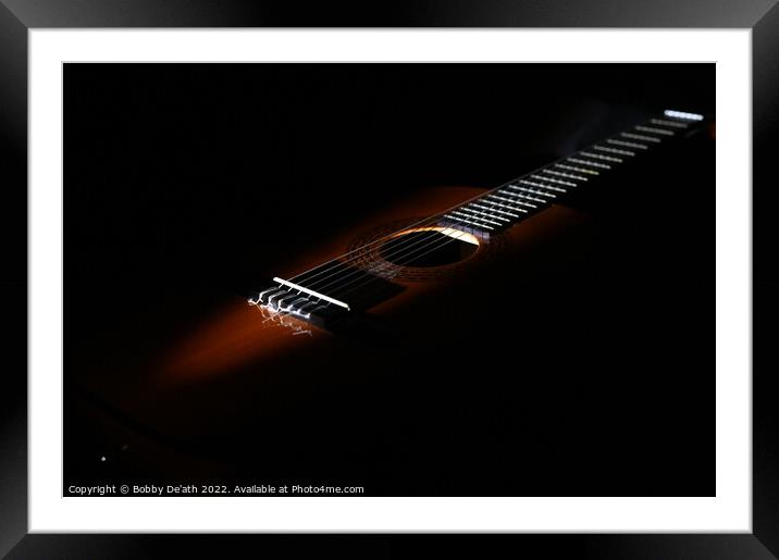 Dark acoustic guitar.  Framed Mounted Print by Bobby De'ath