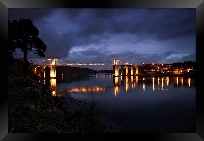 Nightfall on the Menai Bridge and Straits Framed Print by Dave Urwin