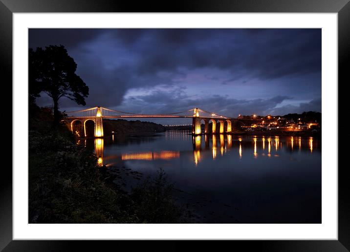 Nightfall on the Menai Bridge and Straits Framed Mounted Print by Dave Urwin
