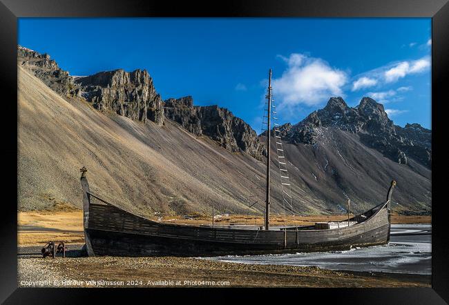 Viking Ship at Mountain Vestrahorn Iceland Framed Print by Hörður Vilhjálmsson