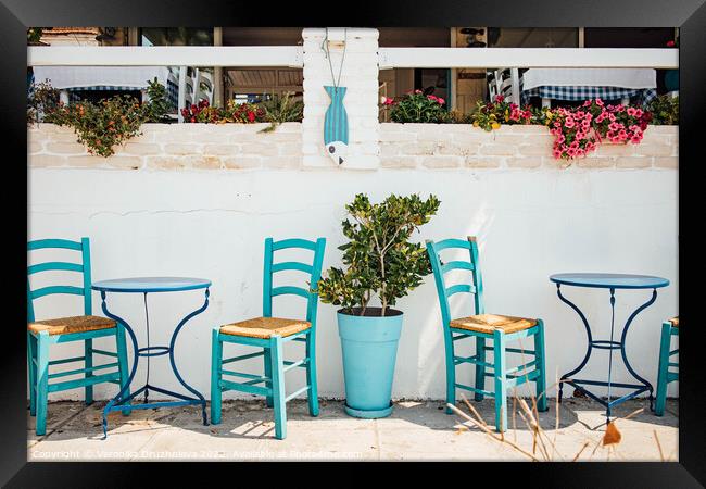 Serene Beachfront Dining Framed Print by Veronika Druzhnieva