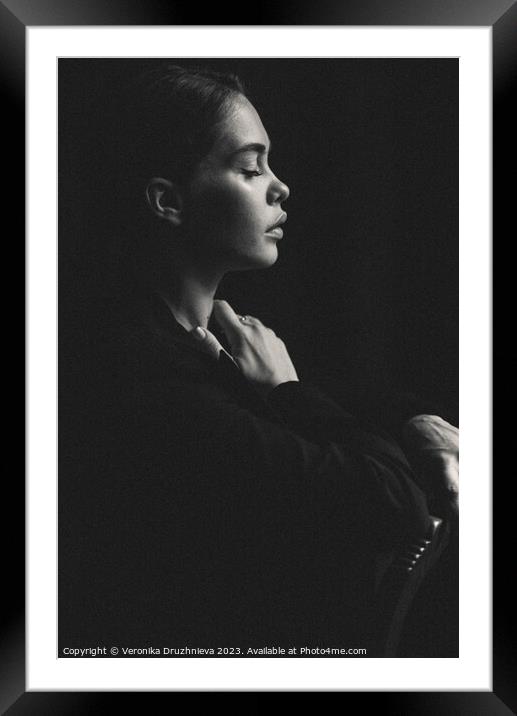  Woman profile in black and white Framed Mounted Print by Veronika Druzhnieva