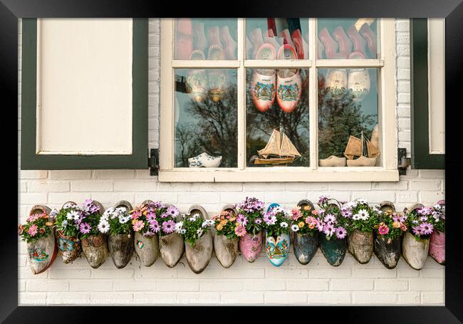 Bright Blossoms Wooden Clogs in Marken Framed Print by Veronika Druzhnieva