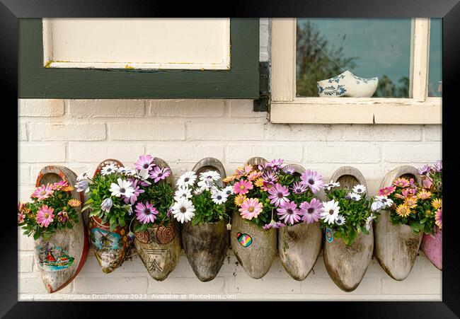 Clogs with flowers under the window Framed Print by Veronika Druzhnieva