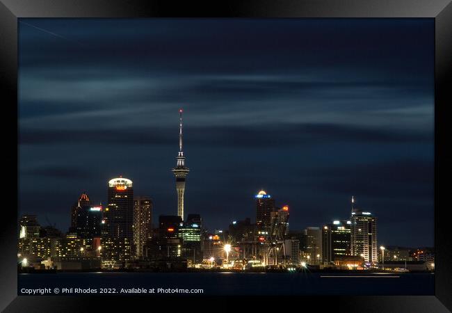 Auckland Skyline by Night Framed Print by Phil Rhodes