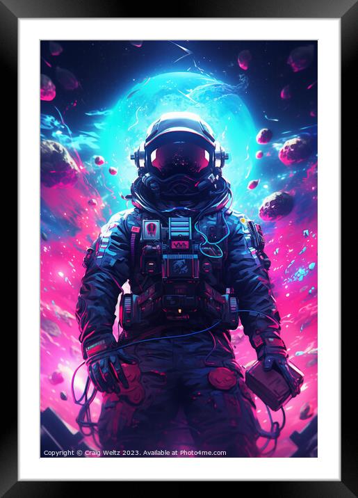 NEON ASTRONAUT IN SPACE Framed Mounted Print by Craig Weltz