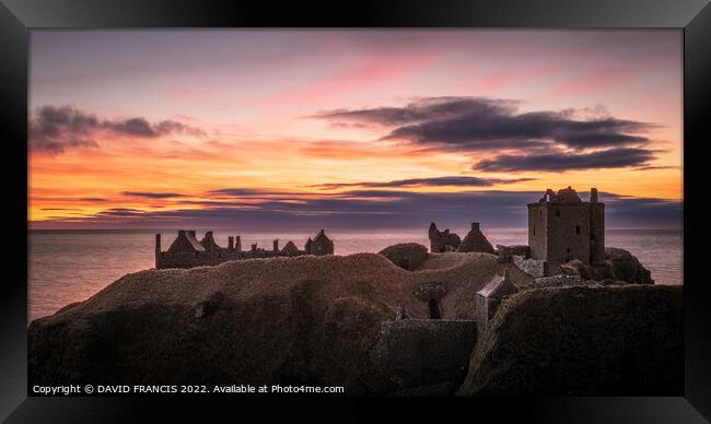 Dunnottar Castle Sunrise A Warm and Dramatic Cliff Framed Print by DAVID FRANCIS