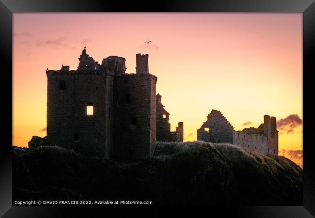Dunnottar Castle at Sunrise A Romantic and Dramati Framed Print by DAVID FRANCIS