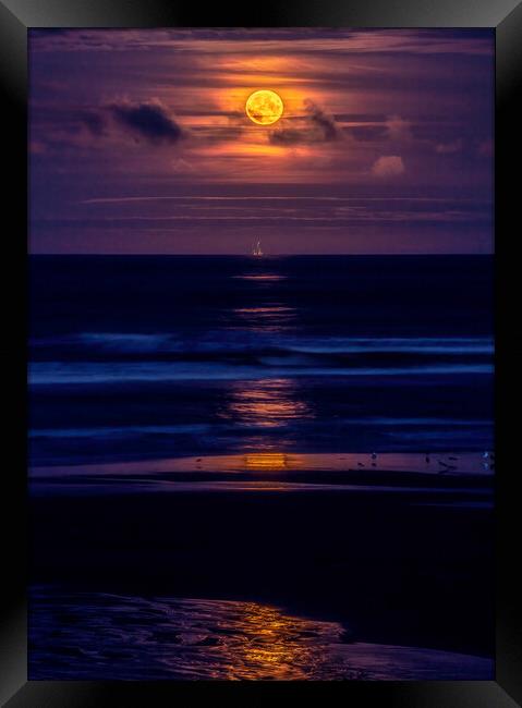 Golden Harvest Moon rising over dark North Sea Framed Print by DAVID FRANCIS
