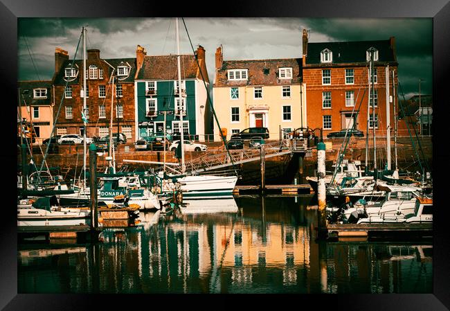 Colourful Houses and Fishing Boats at Arbroath Harbour Framed Print by DAVID FRANCIS