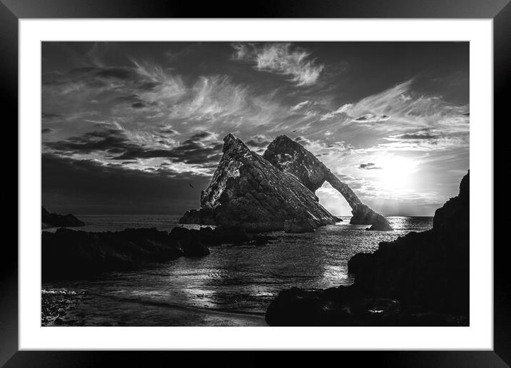 Sunrise at Bow Fiddle Rock in Black and White  Framed Mounted Print by DAVID FRANCIS