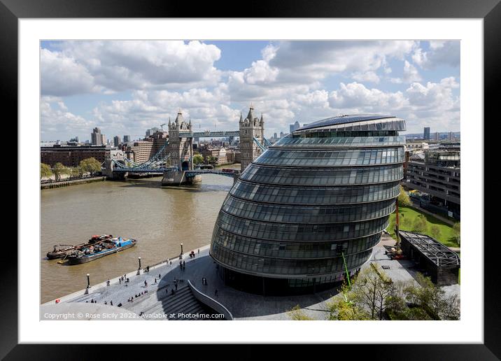 View of London City Hall, The River Thames and Tower Bridge from the South bank. Framed Mounted Print by Rose Sicily