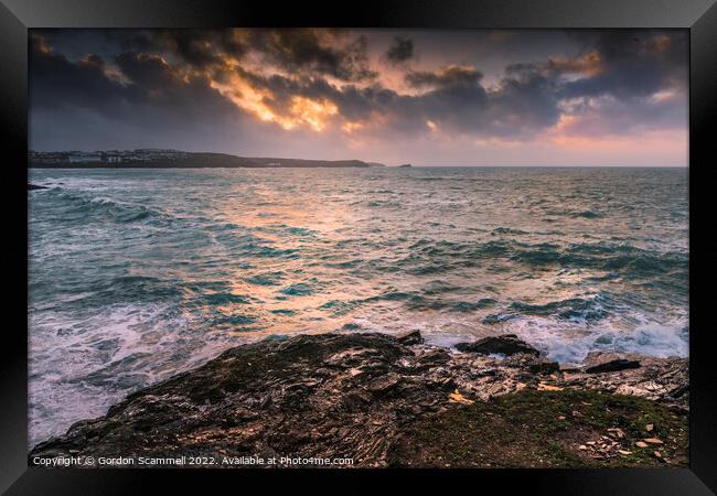Dramatic evening sunlight over Fistral Bay in Newq Framed Print by Gordon Scammell